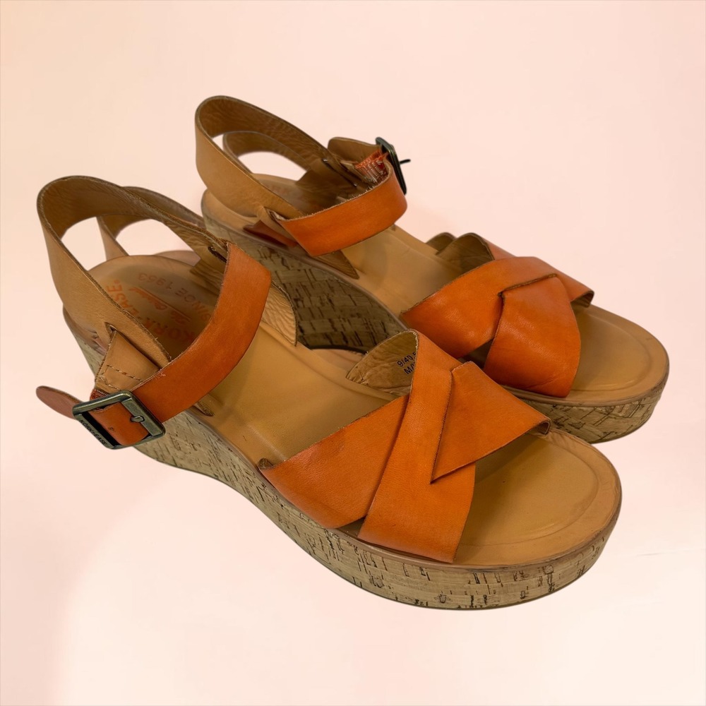 Kork-Ease Ava Orange Leather Crisscross Platform Wedge Sandals Size 9 Retro